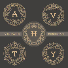 Set of monogram logo template with flourishes calligraphic elegant ornament elements