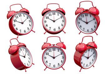 Six glossy red clocks