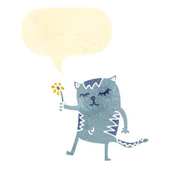 retro cartoon friendly cat with speech bubble
