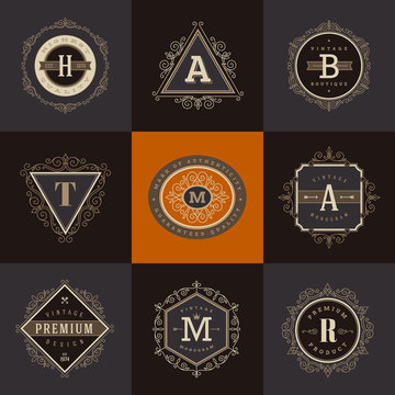 Set of monogram logo template with flourishes calligraphic elegant ornament elements