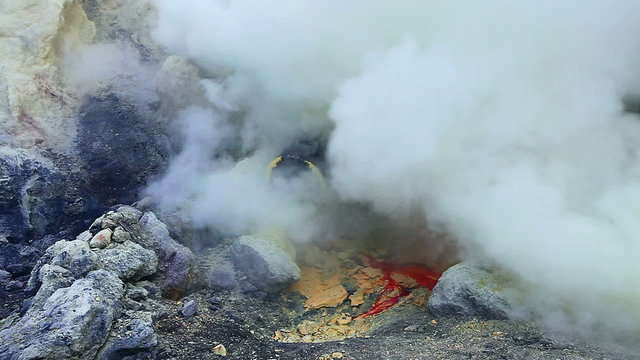 Close view on sulfur mine at Ijen crater. East Java, Indonesia.