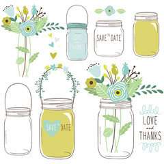 Vector drawings of wedding jars and flowers