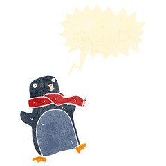 retro cartoon penguin with speech bubble