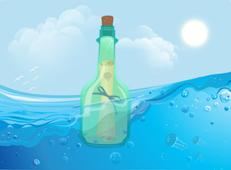 Bottle with message floating in the ocean waves