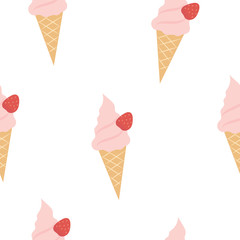 Strawberry ice cream cone seamless pattern background.