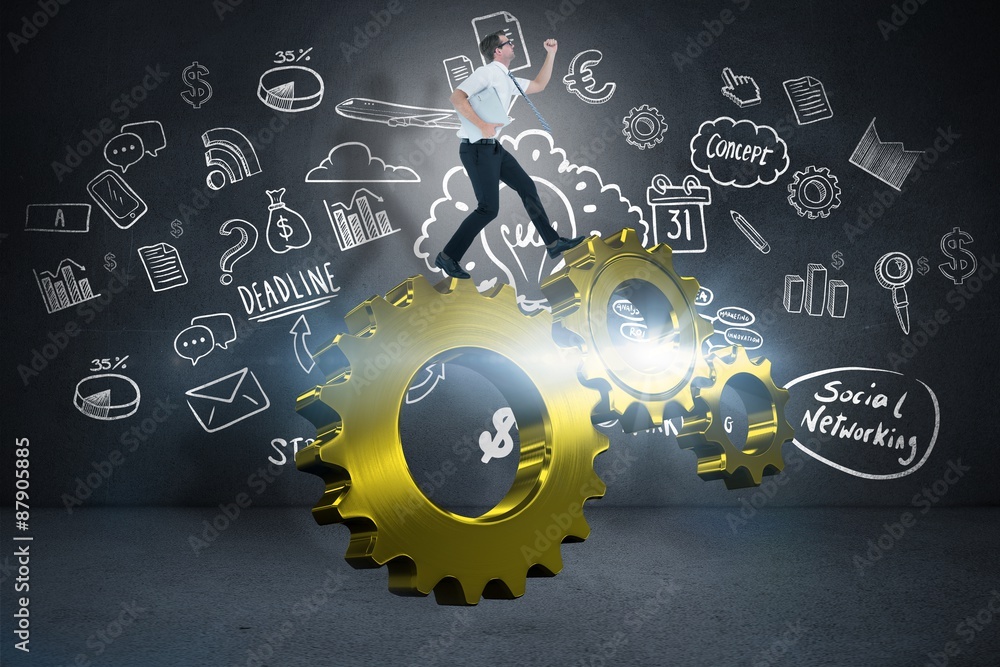 Poster composite image of geeky businessman running late