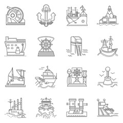 Fototapeta na wymiar Ships and ports line icons
