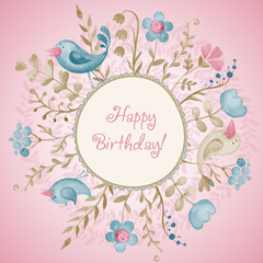 Beautiful greeting card with flowers and birds.