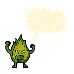 retro cartoon little green flame monster