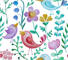 Beautiful hand drawn seamless pattern with floral elements and birds