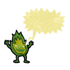 retro cartoon little green flame monster
