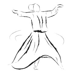 A black whirling dervish silhouette on white canvas. "Sama" is a practice of whirling as a form of dhikr, remembrance of God - Illustration