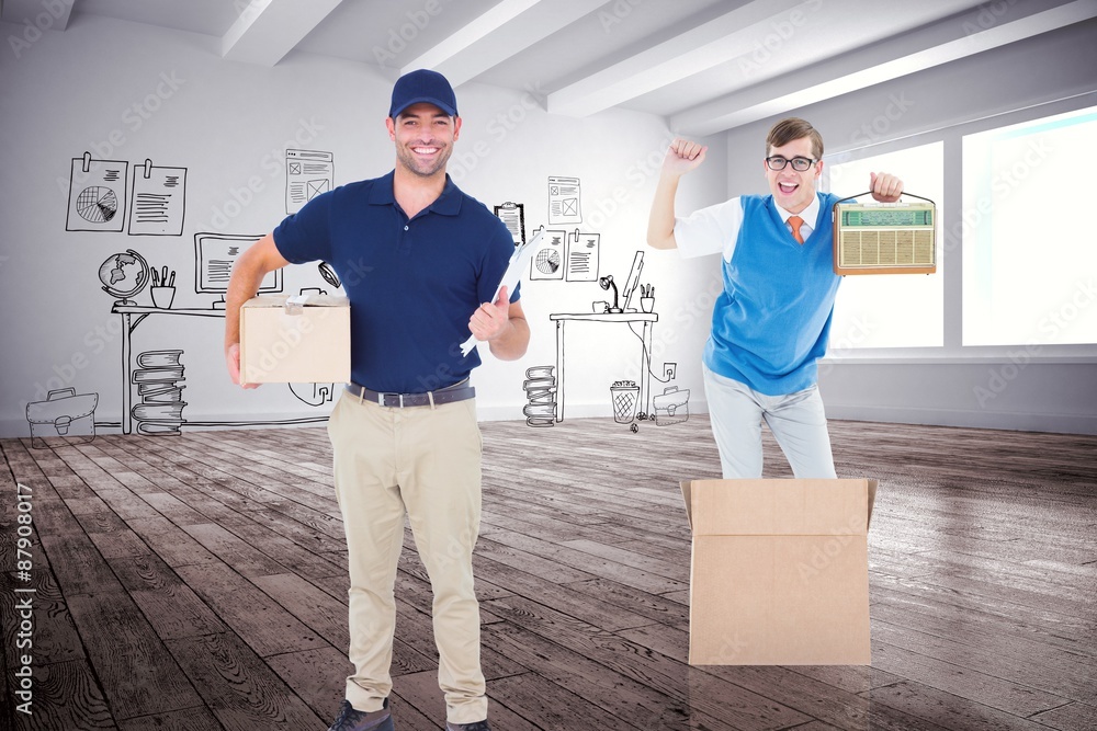 Poster composite image of delivery man with package and clipboard