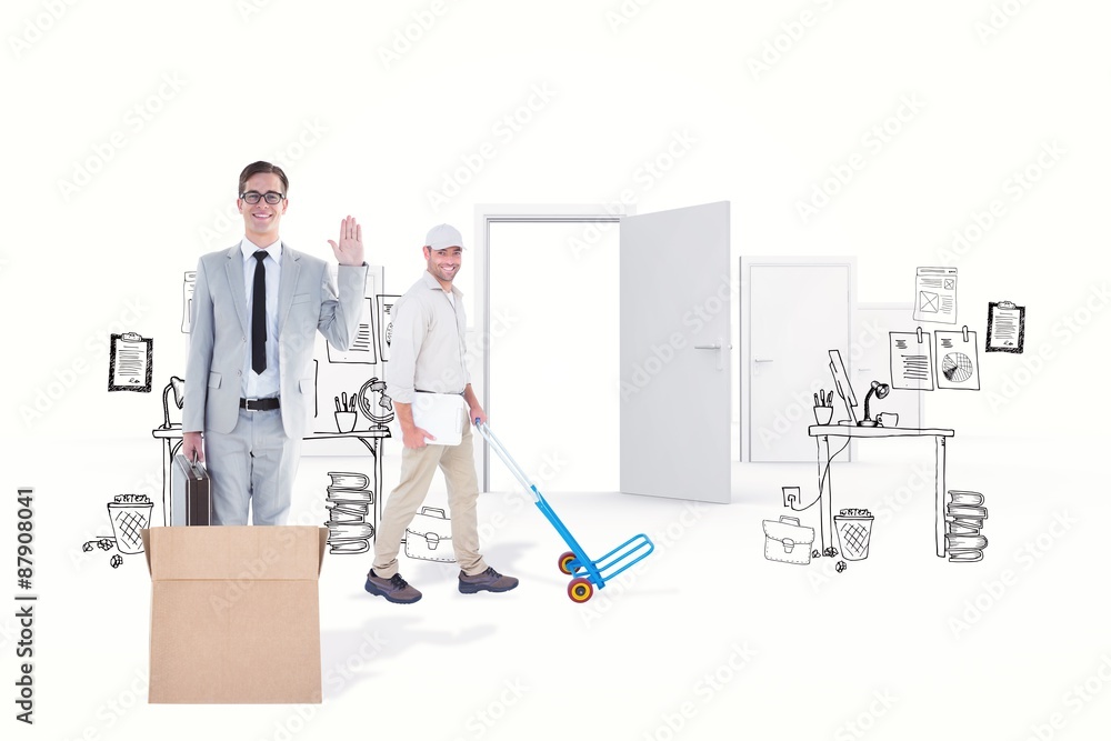 Poster composite image of confident delivery man pushing empty trolley