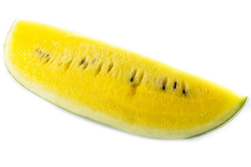 Yellow juicy watermelon slice on white
