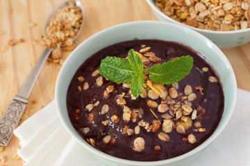 Brazilian dessert Acai pulp with muesli