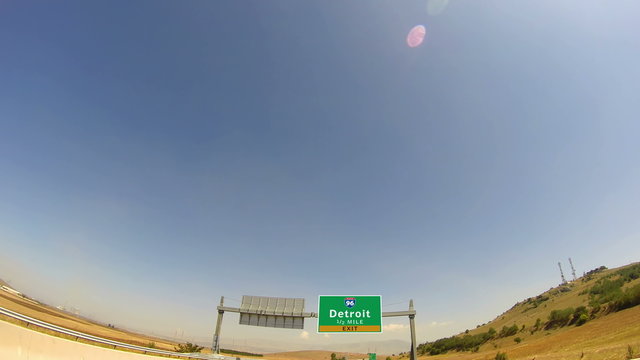 4K Driving on Highway/interstate,  Exit sign of the City Of Detroit, Michigan