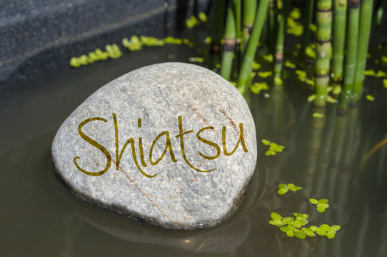 Stein in Wasser mit Om, Yoga, Tai Chi, Qi gong, ZEN, Feng Shui mit Wasserlinsen und Schachtelhalm