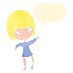 retro cartoon happy blond girl with speech bubble