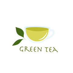 Green tea cup with leaves.