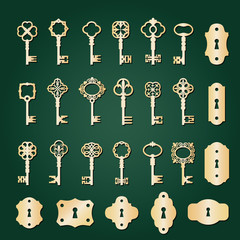 Vintage golden keys and keyholes set.