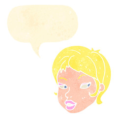 retro cartoon blond female face with speech bubble