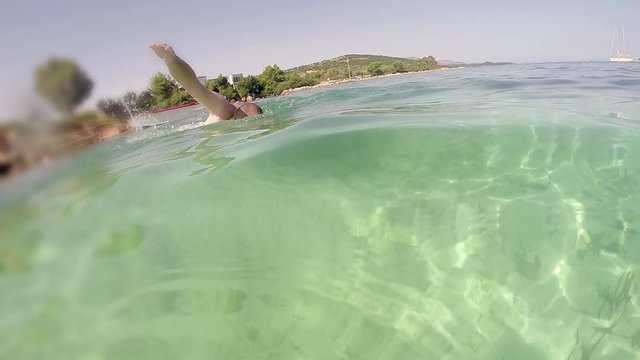 underwater view of swimer swimming  freestyle crawl, SLOW MOTION