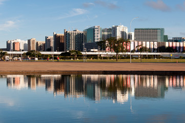 Fototapeta na wymiar North Hotel Sector Buildings Reflected on Water, Brasilia