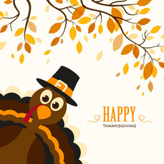 Vector Illustration of a Happy Thanksgiving Celebration Design with Cartoon Turkey and Autumn Leaves - 87916629