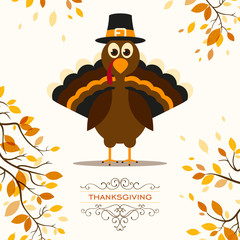Vector Illustration of a Happy Thanksgiving Celebration Design with Cartoon Turkey and Autumn Leaves - 87916637