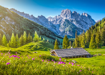 Idyllic landscape in the Alps with traditional mountain lodge at sunset © JFL Photography