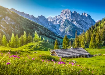 Abwaschbare Fototapete Idyllische Landschaft in den Alpen mit traditioneller Berghütte bei Sonnenuntergang © JFL Photography