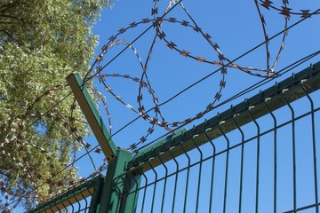 Razor Barbed wire against a blue sky, closeup
