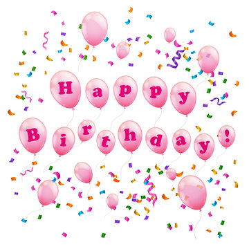 Vector Illustration of a Happy Birthday Design with Pink Balloons and Colorful Confetti