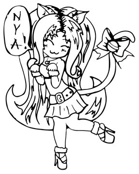 Cat girl line art hand drawn anime manga cartoon vector isolated