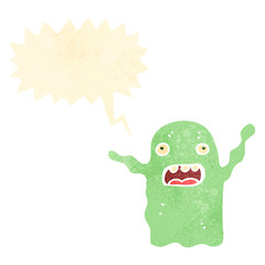 retro cartoon spooky ghost with speech bubble