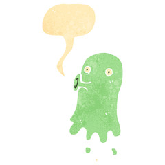 retro cartoon spooky ghost with speech bubble