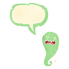 retro cartoon spooky ghost with speech bubble