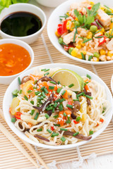 Asian food - noodles with vegetables and greens, fried rice