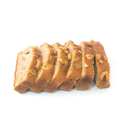 Homemade Banana Nut Bread Cut into Slices on white 