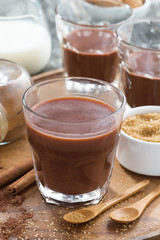 glass of cocoa with spices on a wooden tray, close-up, vertical
