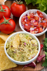 guacamole sauce, tomato salsa and corn chips, vertical