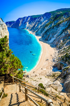 Famous Platia Ammos beach in Kefalonia island, Greece. The beach was affected by the earthquake in the spring of 2014 and it is very difficult to go down on the beach.