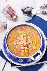 Soup with white beans and leeks.selective focus