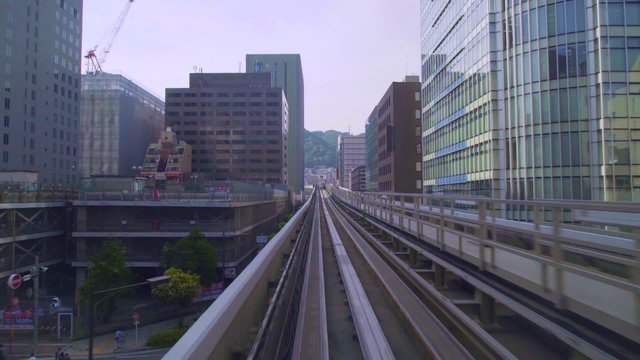 Point of view real-time ride through Kobe Japan on the Portliner Monorail