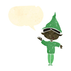 retro cartoon christmas elf with speech bubble