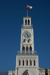 Historic clock tower in Plaza Arturo Prat in the old quarter of Iquique on the Pacific coast of northern Chile. Built circa 1877.
