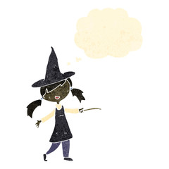 retro cartoon witch girl with thought bubble