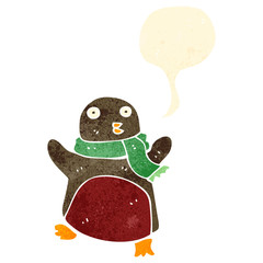retro cartoon christmas robin with speech bubble