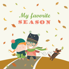 Couple with dog walking in autumn park